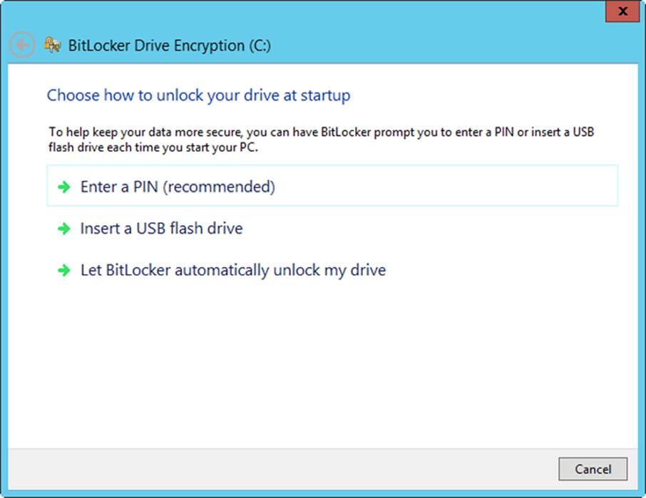 A screen shot of the Choose How To Unlock Your Drive At Startup page, where you can configure what BitLocker will prompt you to do when an encrypted drive is plugged in.