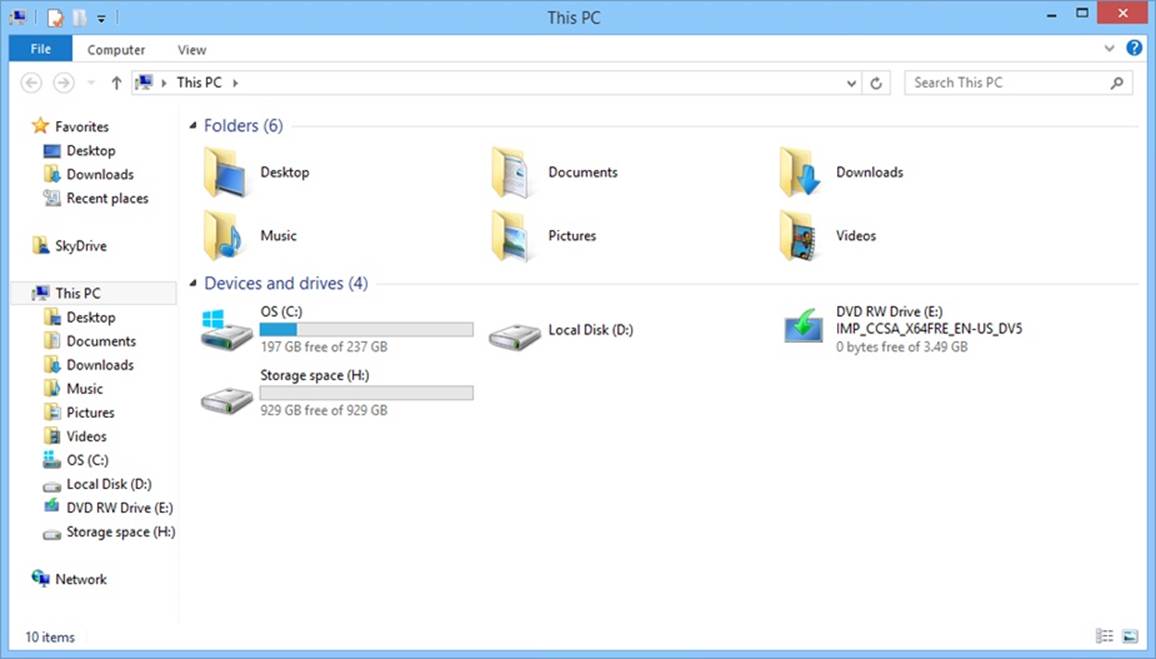 A screen shot of the This PC console, where you can easily access commonly used folders, in addition to a computer’s storage devices and drives.