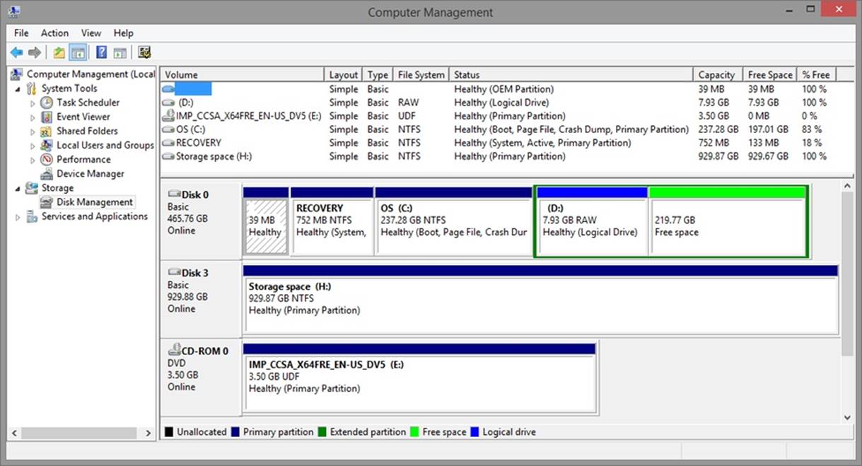 A screen shot of Disk Management, where you can view and manage disk configurations.