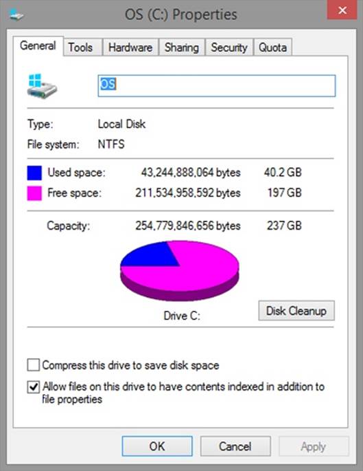 A screen shot of the Properties dialog box for a selected drive, showing Used Space, Free Space, and Capacity, in addition to options to start Disk Cleanup or to compress the drive on the General tab.