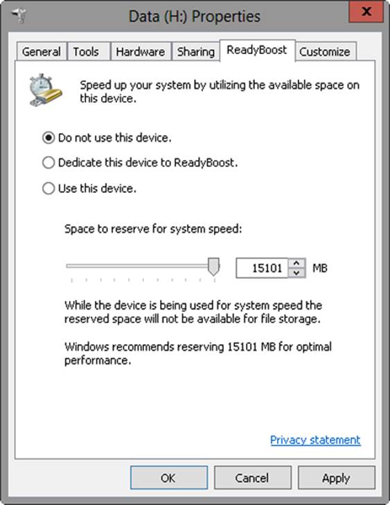 Screen shots of the ReadyBoost tab in the Properties dialog box for a USB flash drive, where you can choose Dedicate This Device To ReadyBoost, or use the slider to set how much space the device will reserve for Windows ReadyBoost. Alternatively, if there is an error message saying the device cannot be used for ReadyBoost, you can use the Test Again option to retest the device for Windows ReadyBoost capability.