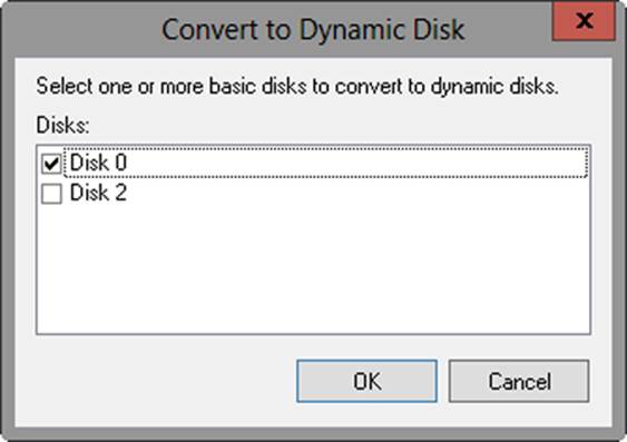 A screen shot of the Convert To Dynamic Disk dialog box, where you can select which basic disk you would like to convert.