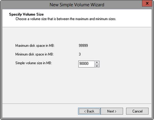 A screen shot of the New Simple Volume Wizard, where you can set the simple volume size in MB.