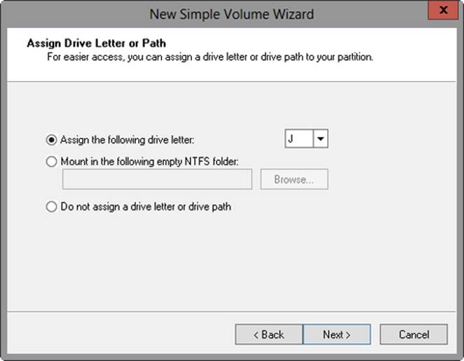 A screen shot of the Assign Drive Letter Or Path page, where you can choose Assign The Following Drive Letter, or choose Do Not Assign A Drive Letter Or Drive Path and wait until later to designate the drive.