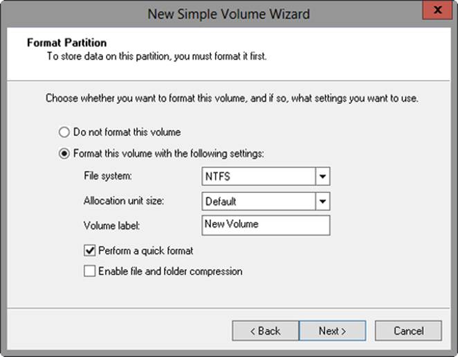 A screen shot of the Format Partition page, where you can choose the file system, allocation unit size, and volume label for the new partition.