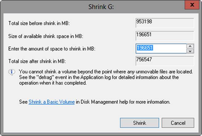 A screen shot of the Shrink dialog box, where you can choose a value for the Enter The Amount Of Space To Shrink In MB option.
