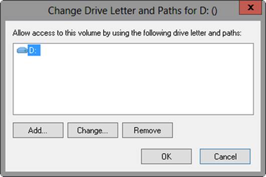 A screen shot of the Change Drive Letter And Paths For dialog box, where you can use the Add, Change, or Remove options to configure drive letter and path assignments.