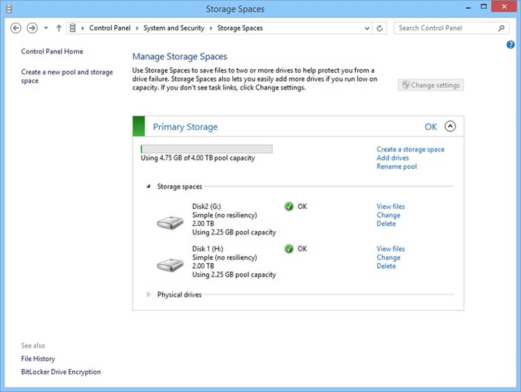 A screen shot of the Storage Spaces console, where you can create storage pools and storage spaces.