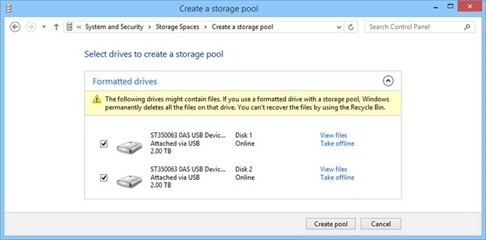 A screen shot of the Create A Storage Pool page, enabling you to select drives to create a storage pool.