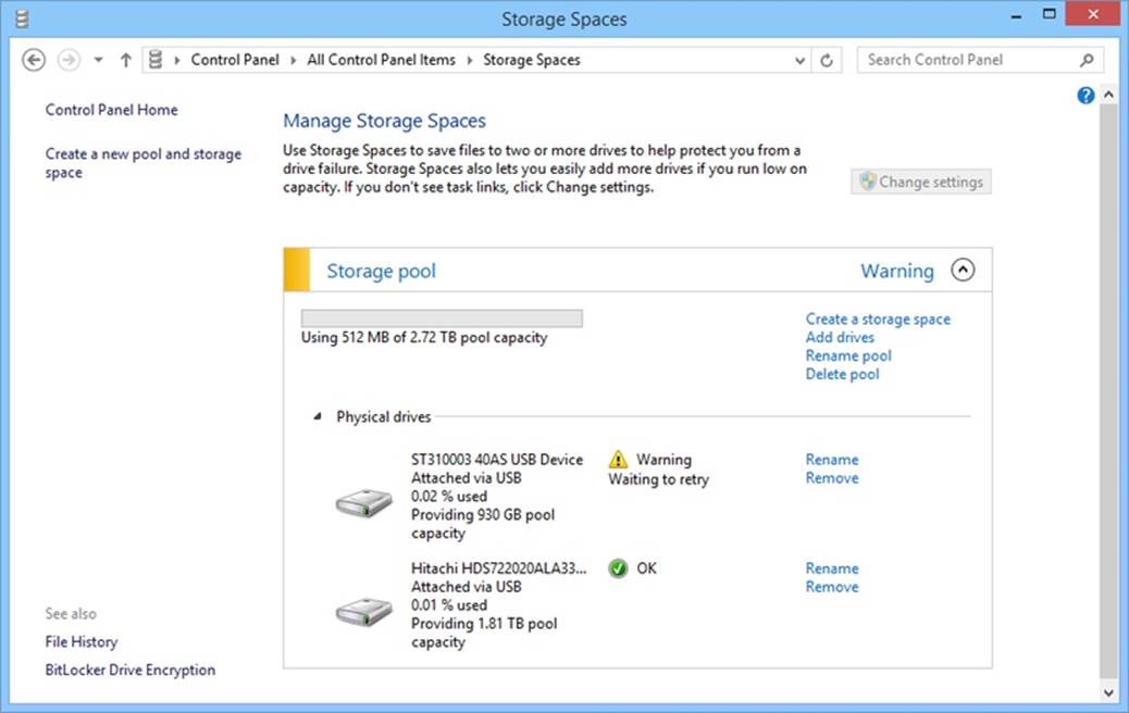 A screen shot of the Manage Storage Spaces page in Control Panel where you can view and manage storage pools.