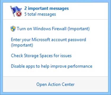 A screen shot of Action Center notifications, with a notification regarding issues with storage spaces.