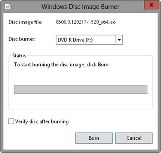 A screen shot of the Windows Disc Image Burner dialog box, where you can select the disc burner and view the status of the disc burning.