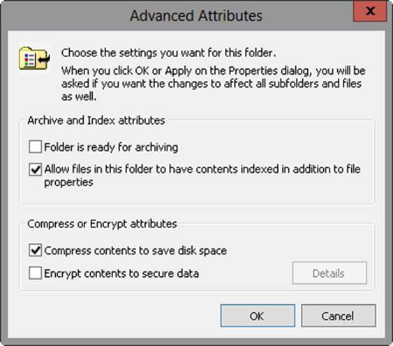 A screen shot of the Advanced Attributes dialog box, where you can select the Compress Contents To Save Disk Space check box to compress the selected file or directory.
