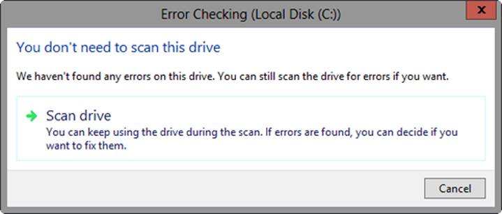 A screen shot of the Error Checking dialog box, where you can choose the Scan Drive option to check the disc for errors and repair them.