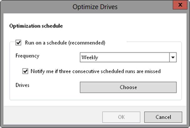 A screen shot of the Optimize Drives dialog box, where you can choose the frequency of the optimization schedule.
