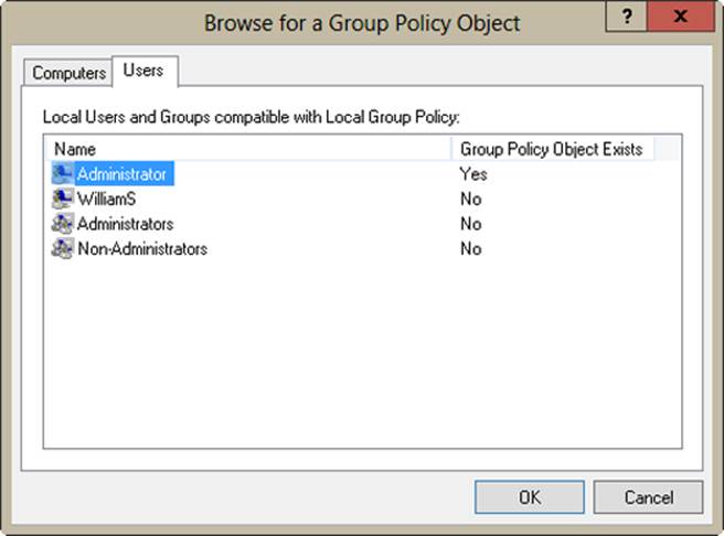 A screen shot of the Browse For A Group Policy Object dialog box, where you can view local users and groups compatible with Local Group Policy.