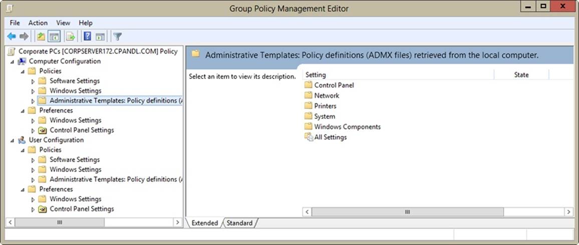 A screen shot of the Group Policy Management Editor, showing Administrative Templates for Computer Configuration.
