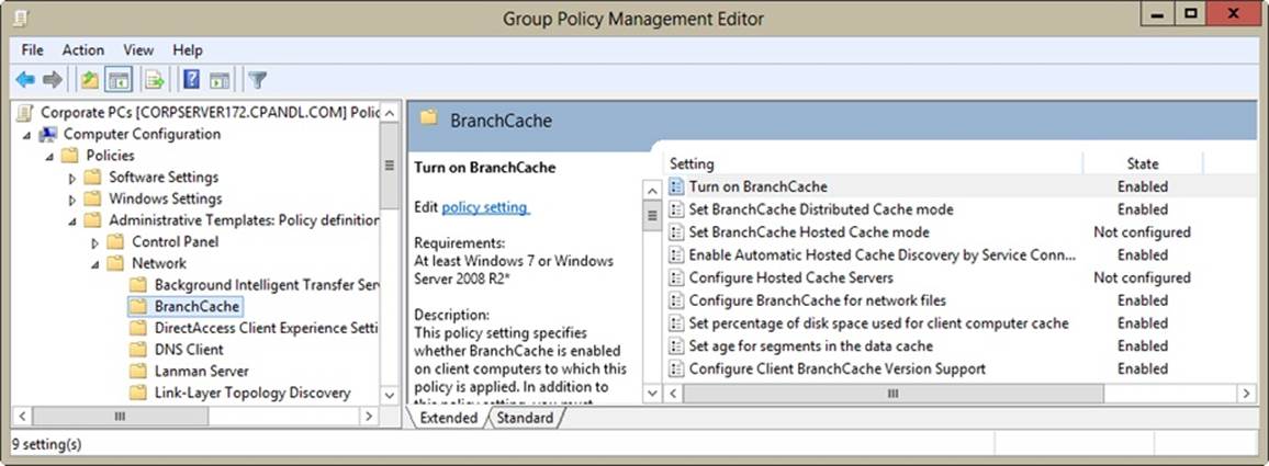 A screen shot of the Group Policy Management Editor, showing the State column for administrative templates in the BranchCache subnode.