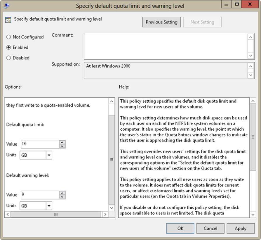 A screen shot of the Specify Default Quota Limit And Warning Level dialog box, with the Default Quota Limit set to 10 GB and the Default Warning Level set to 9 GB.