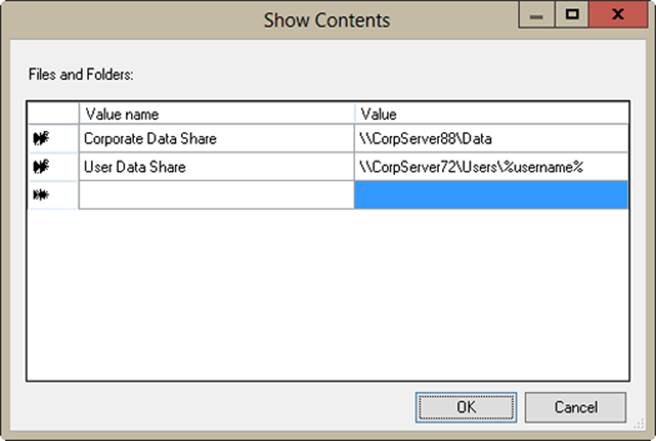 A screen shot of the Show Contents dialog box, where you can specify resources according to their UNC path by using the Value column.