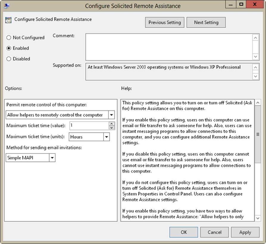 A screen shot of the Configure Solicited Remote Assistance dialog box, with the policy set to Enabled, and the Maximum Ticket Time set to 1 hour.