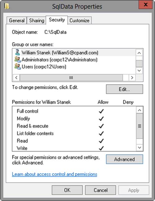 A screen shot of the Properties dialog box for a selected file or folder, showing currently assigned basic permissions on the Security tab.