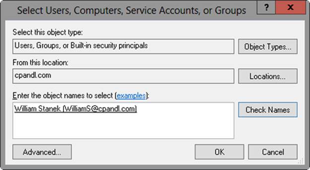 A screen shot of the Select Users, Computers, Service Accounts, Or Groups dialog box where you can enter the name of a user or group for which you want to configure permissions.