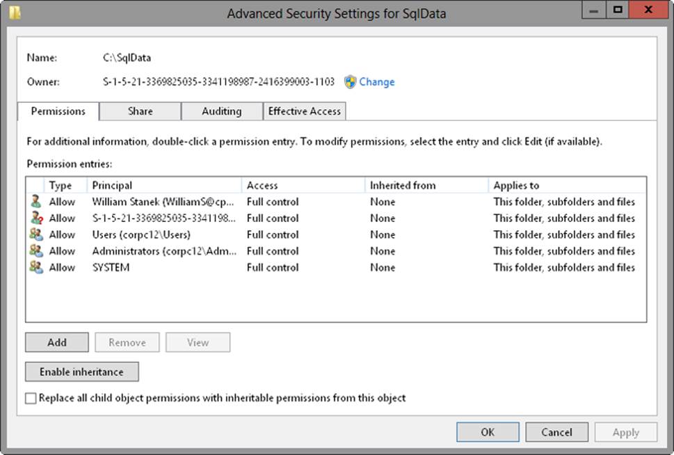 A screen shot of the Advanced Security Settings dialog box, where you can configure special permissions by double-tapping or double-clicking the permission set with which you want to work.