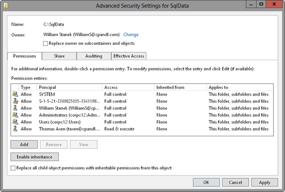 A screen shot of the Advanced Security Settings dialog box, where you can take ownership of all subfolders and files within the folder by selecting the Replace Owner On Subcontainers And Objects option.