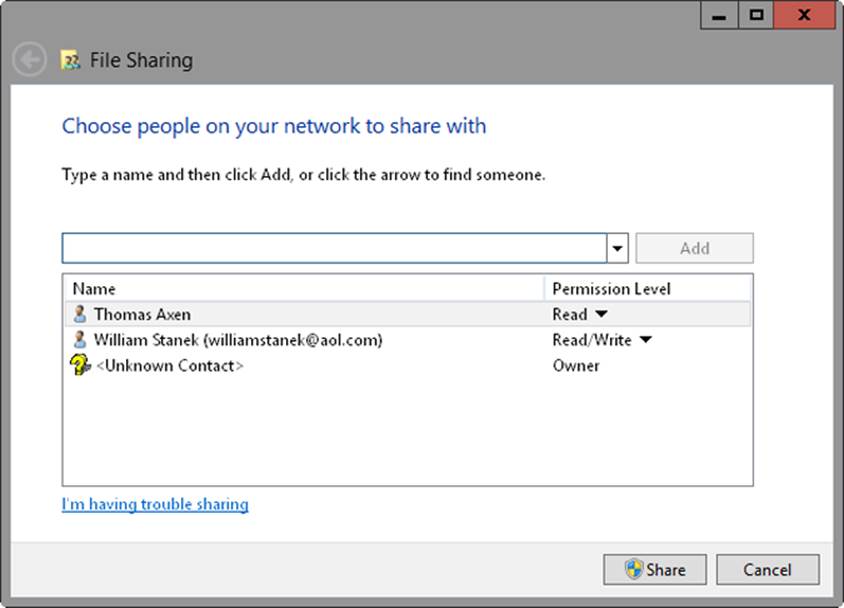 A screen shot of the File Sharing Wizard, where you can configure sharing of the selected file or folder, and view current permission levels.