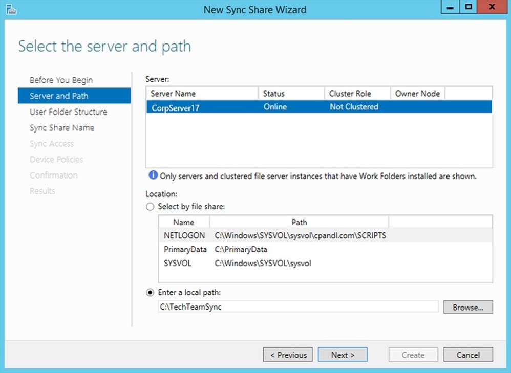 A screen shot of the Select The Server And Path page in the New Sync Share Wizard, showing options for selecting a server to work with and specifying the path of the sync share.