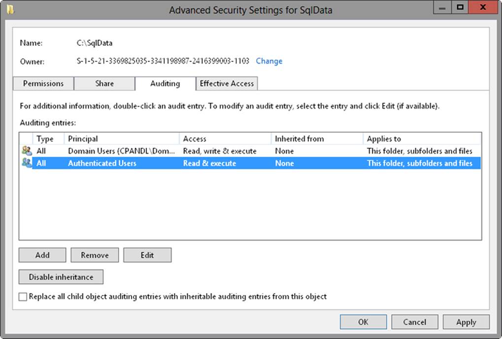 A screen shot of the Advanced Security Settings dialog box, where you can get quick information about current auditing settings.