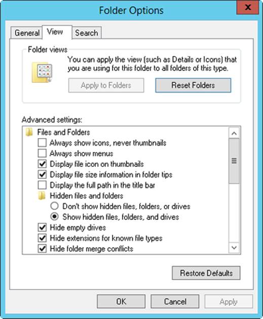 A screen shot of the Folder Options dialog box, where you can use the View tab to display the advanced settings for File Explorer.