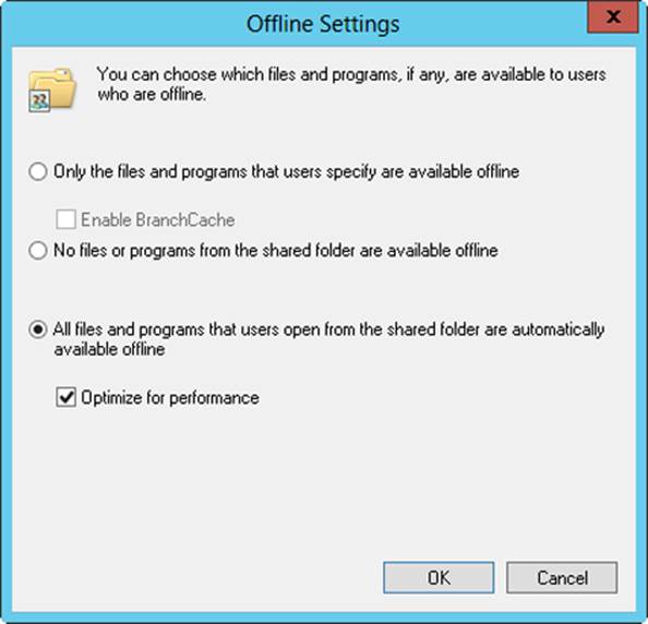 A screen shot of the Offline Settings dialog box, where you can choose from the following options: Only The Files And Programs That Users Specify Are Available Offline, No Files Or Programs From The Shared Folder Are Available Offline, or All Files And Programs That Users Open From The Shared Folder Are Automatically Available Offline.