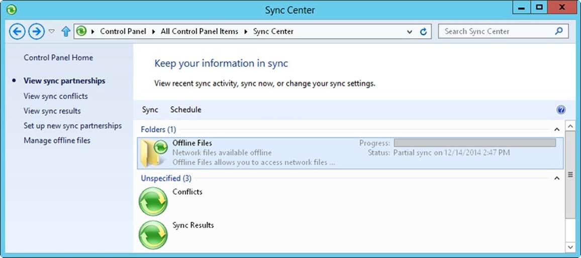 A screen shot of Sync Center, which simplifies the management of cached offline files and folders.