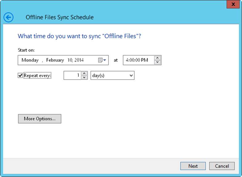 A screen shot of What Time Do You Want To Sync Offline Files page, where the default settings configure the sync schedule to start immediately. If you want to start the sync at a later time or date, you must change the Start On setting.