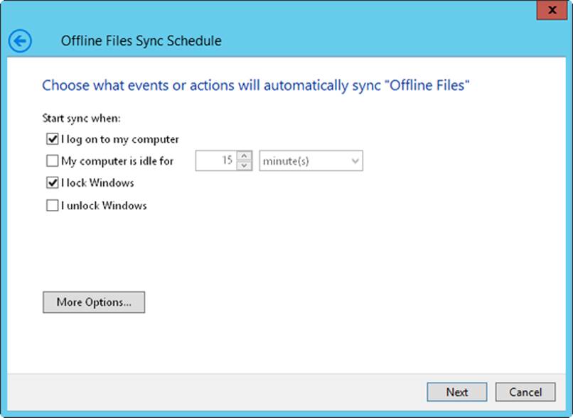 A screen shot of the Choose What Events Or Actions Will Automatically Sync Offline Files page, where you use the check boxes provided to specify the events and actions that start automatic syncing.