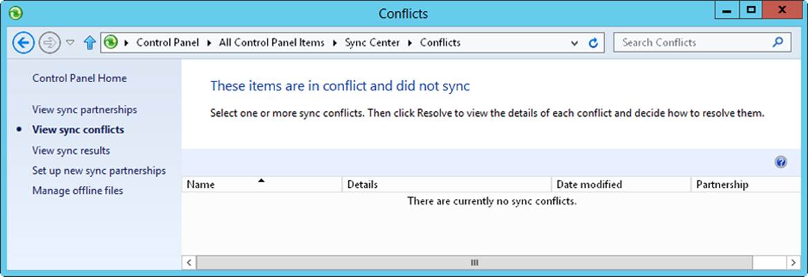 A screen shot of the main pane of the Conflicts page, showing that there are currently no sync conflicts.