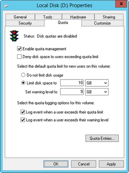 A screen shot of the Properties dialog box for a selected disk, where you can enable quota management by selecting the related check box, and specify the default quota limit for new users on the selected volume.