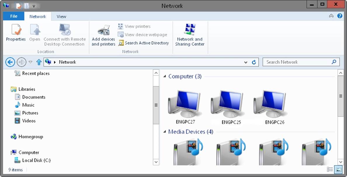 A screen shot of Network Explorer, which allows you to browse resources on the network when network discovery is enabled.
