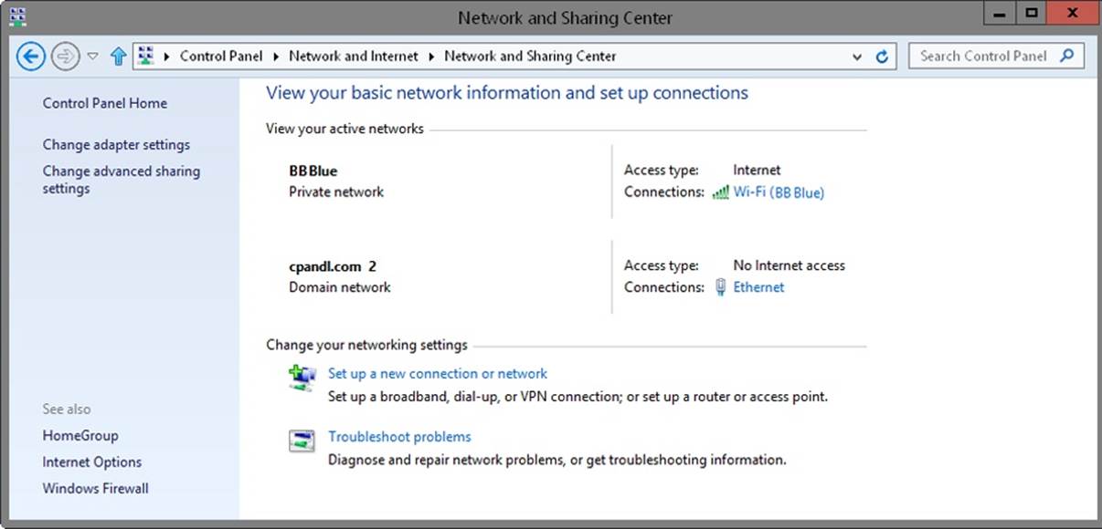 A screen shot of the Network and Sharing Center, which provides the current network status in addition to an overview of the current network configuration.