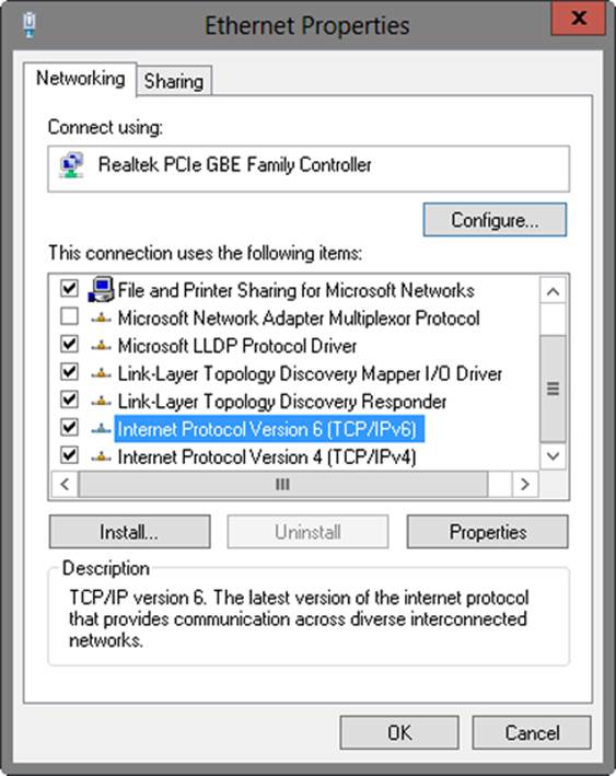 A screen shot of the Properties dialog box for the connection, with the Networking tab selected, where you can install TCP/IP by tapping or clicking the protocol with which you want to work, and then tapping or clicking Install. You can also configure the protocol by double-tapping or double-clicking the protocol with which you want to work.