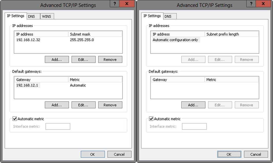 Screen shots of the Advanced TCP/IP Settings dialog boxes for IPv4 and IPv6, showing options to configure multiple IP addresses and gateways by using the Add, Edit, or Remove options under the related headings.