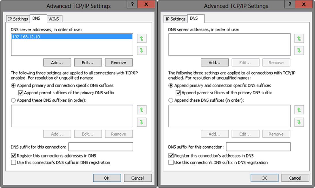 Screen shots of the DNS tab of the Advanced TCP/IP Settings dialog boxes for IPv4 and IPv6, where you can configure advanced DNS settings by setting the DNS server addresses and DNS suffixes.