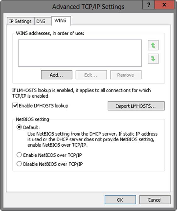 A screen shot of the WINS tab of the Advanced TCP/IP Settings dialog box. If computers use static IPv4 addresses, or you want to configure WINS specifically for an individual user or system, you should configure WINS settings.