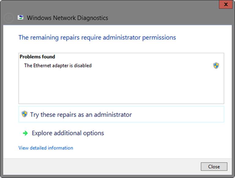 A screen shot of Windows Network Diagnostics, which displays the problems found, in addition to options to repair the discovered problems.