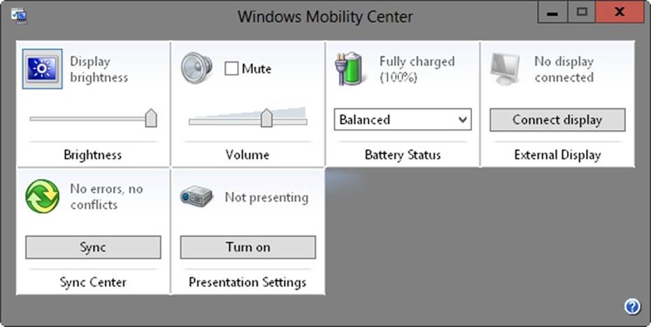 A screen shot of Windows Mobility Center, which provides a single location for managing important settings for mobile devices and includes a series of control tiles that provide quick access to the commonly used settings.