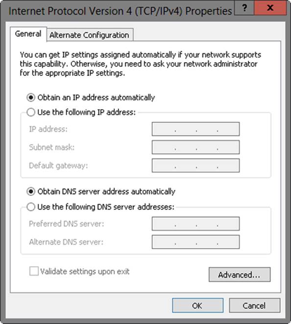 A screen shot of the Internet Protocol Version 4 (TCP/IPv4) Properties dialog box, with the Obtain An IP Address Automatically and the Obtain DNS Server Address Automatically options selected.