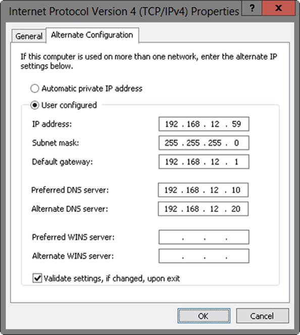 A screen shot of the Alternate Configuration tab, where you can select the User Configured option to manually configure private IP addresses.
