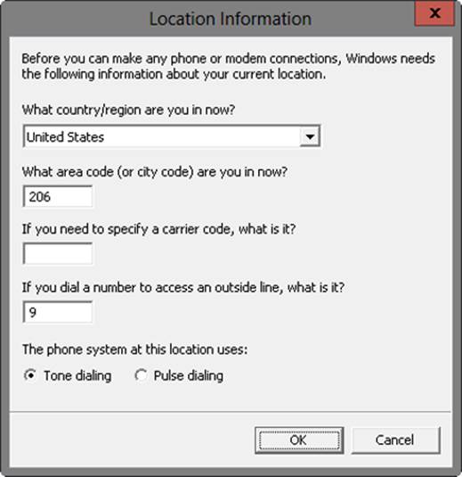 A screen shot of the Location Information dialog box, where you will be prompted to configure information related to your location.